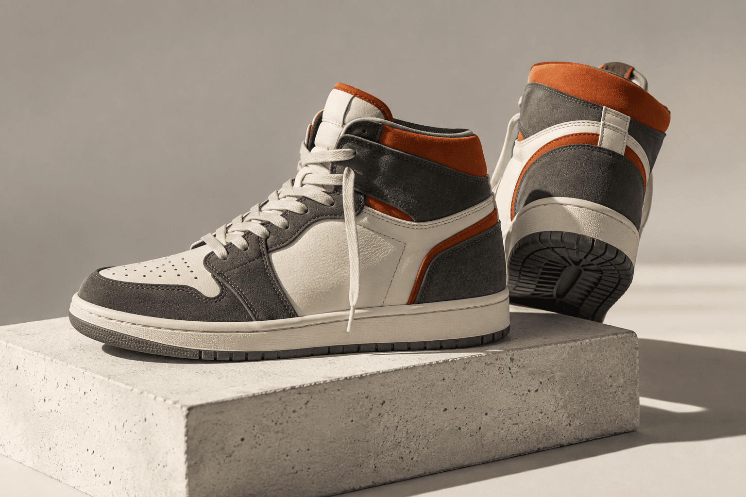 Ivory and charcoal high-top sneakers with orange details on a concrete display block