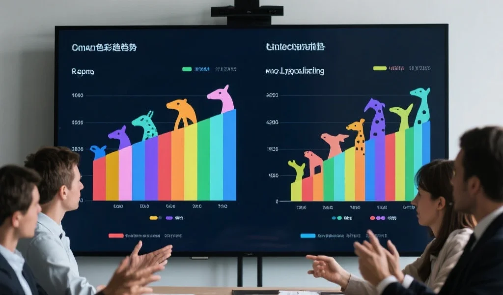 两组不同风格的动物彩趋势图在一块大屏幕上并排显示,几位分析师正在讨论